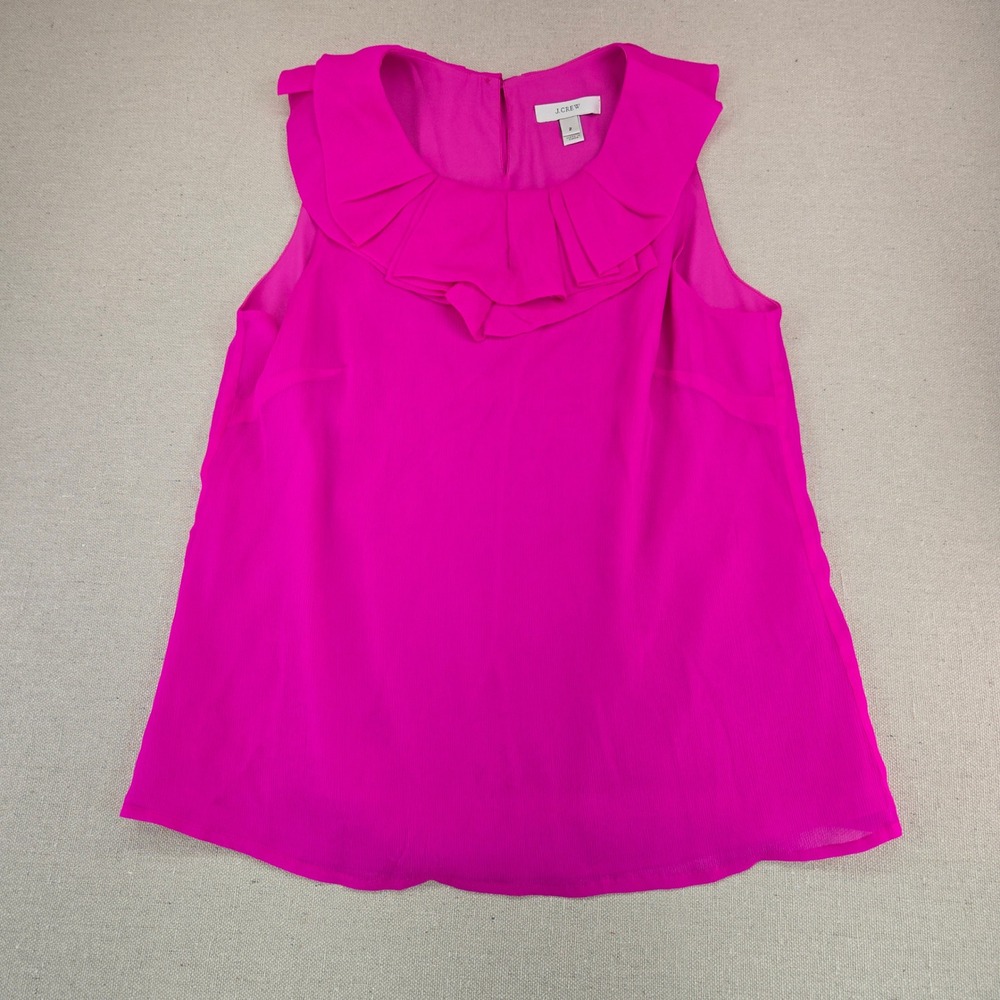 J.Crew Gabby Blouse Hot Pink Silk Ruffle Neck Sleeveless Tank Top Size 2